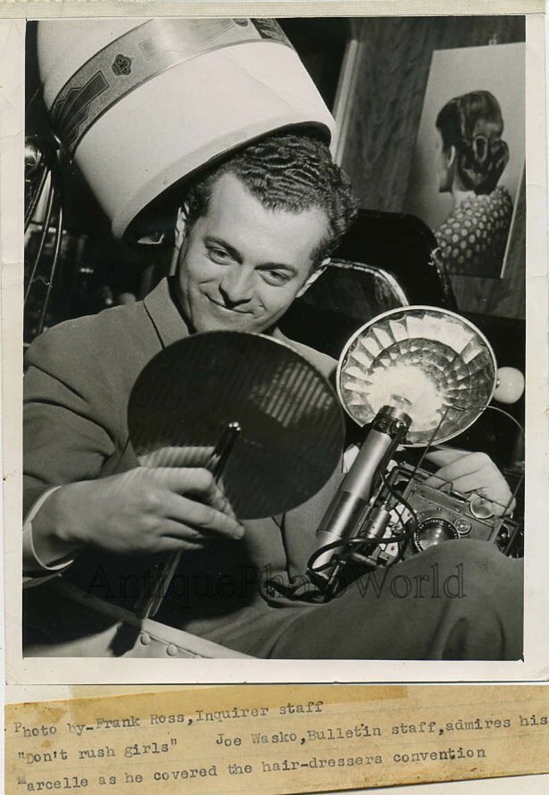 Man w camera at hair dressers vintage photo Frank Ross
