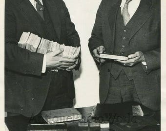 NY police with forged cash money bills antique photo
