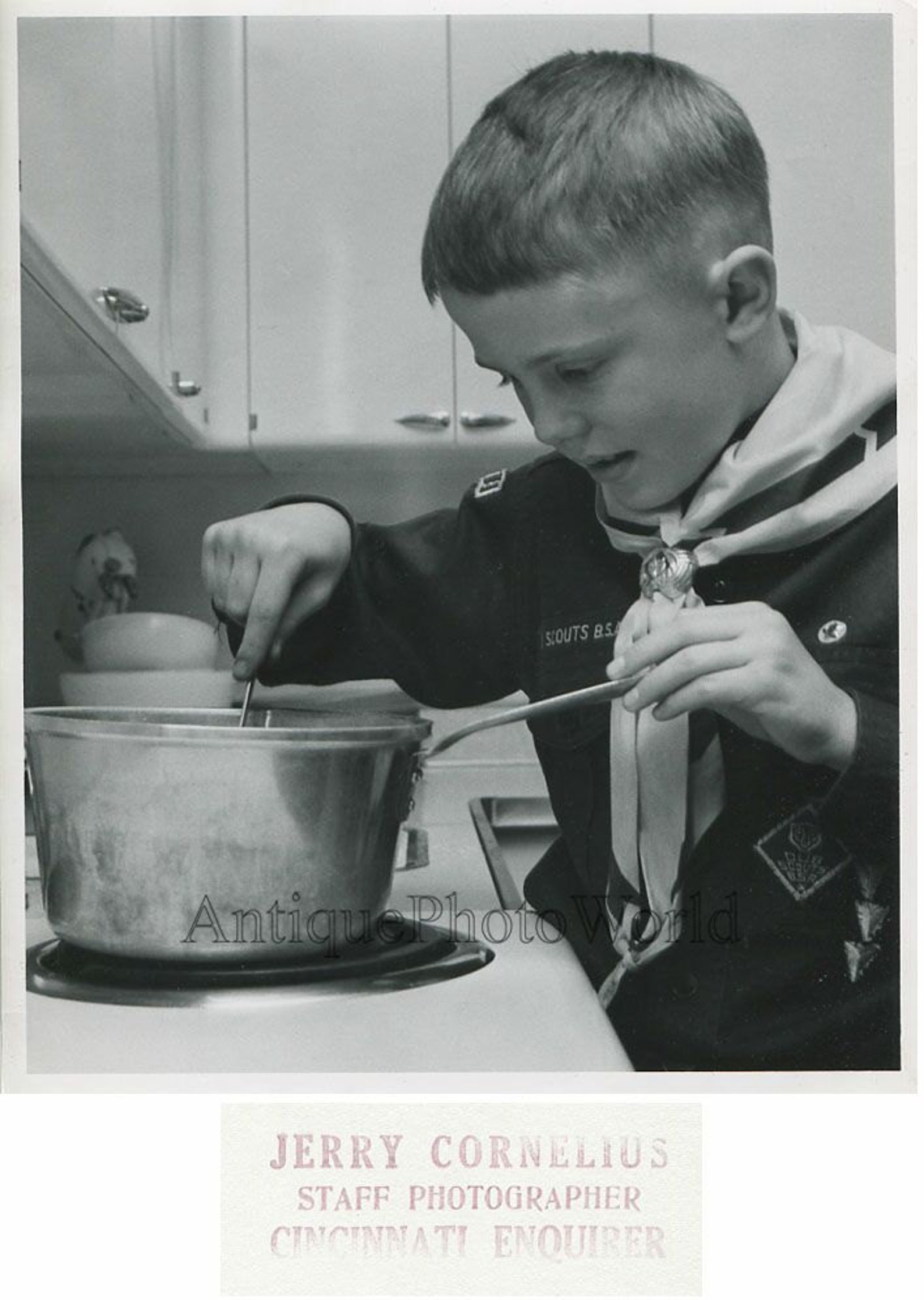 Cute boy scout by kitchen stove cooking vintage photo Etsy