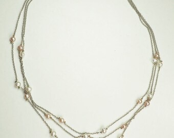 Elegant 14k white gold and pearls 3 string chain necklace Italy