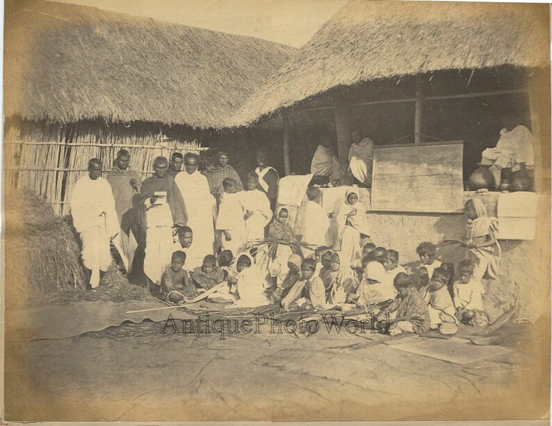 India school children with map geography class antique albumen p
