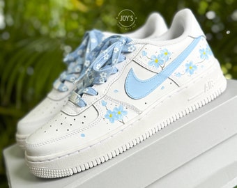 Custom Air Force 1 Sneakers Blue Flowers. Low Tops