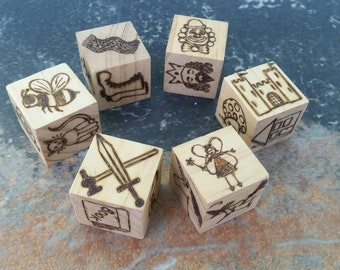 Story Cubes - set of 6 wooden picture cubes for story telling, educational toy, teaching aid, encourage your child's imagination