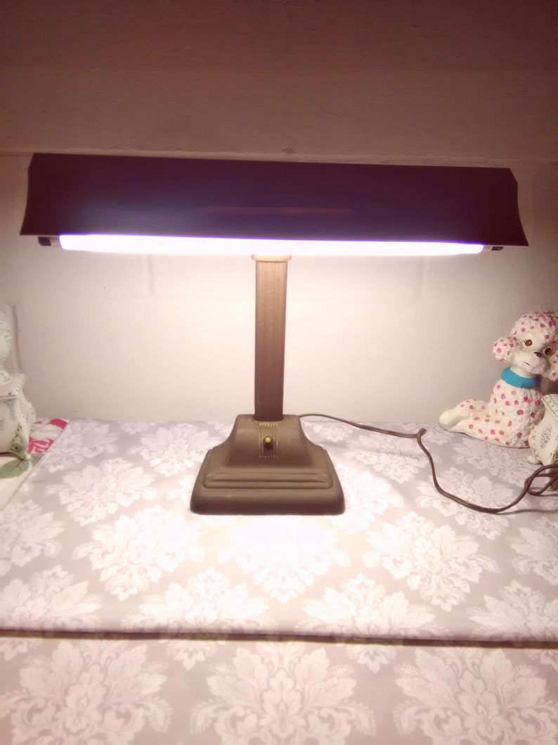 Vintage Bankers Desk Lamp 1940s Era Working Condition Cast Iron Base Industrial Art Deco Mid Century