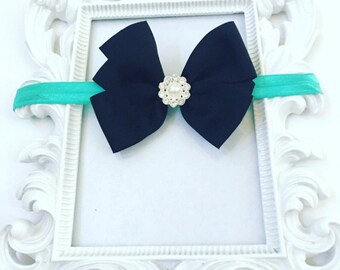 Girls 3 Inch Black Hair bow With Rhinestone, Turquoise Girl's Hair bows, Turquoise Headbands/Bows For Girls, Infant Black Hair Bow