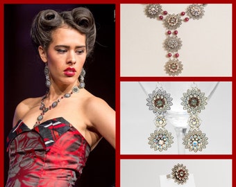 Garnet & Pearl Statement Jewelry Set:  Necklace, Earrings, Toggle Bracelet, Two Rings