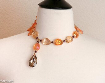 Statement Necklace Set:  Amber & Orange Citrine with Swarovski Crystal Focal Pendant and Matching Earrings (2 pieces) "Baptism by Fire"