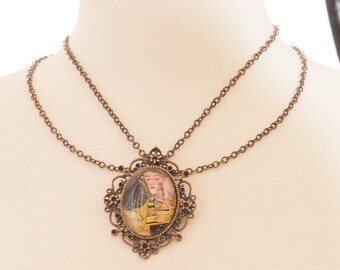 Copper Brooch Necklace set with Klimpt's "THE KISS" Glass Dome Pendant & Drop Bead Back