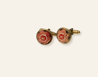 Engraved Cuff Link Set 1: Crimson Glass with Gold Gilt Set in Brass