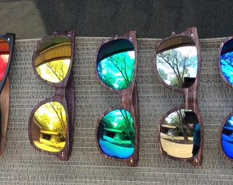 PERSONALIZED BAMBOO SUNGLASSES.  Mirror lens. Gift for Hubby or Boyfriend. For sporting event, driving, teenager.  Personalized cases, too!