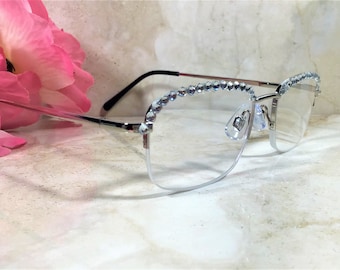 FANCY BLING READERS for an evening out, wedding, a party. Genuine Clear Crystals embellish frame. Free Faux Leather Case with Name. +1.75