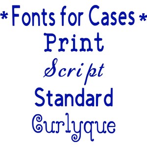 Puede incluir: Fondo blanco con texto azul. En la parte superior, "*Fonts for Cases*". Debajo, las palabras "Print", "Script", "Standard" y "Curlyque" en diferentes estilos de fuente.