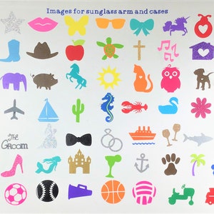 May include: A collection of colorful, die-cut images for sunglass arms and cases. The images include a heart, star, lips, butterfly, mustache, cowboy boot, cowboy hat, apple, turtle, cross, musical notes, house, dove, monkey, elephant, pig, horse, sun, cat, owl, dog, silhouette, sailboat, cactus, seahorse, lobster, swan, flower, and more.