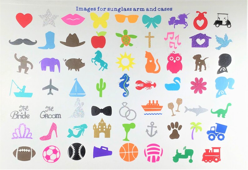May include: A collection of colorful, die-cut images for sunglass arms and cases. The images include a heart, star, lips, butterfly, mustache, cowboy boot, cowboy hat, apple, turtle, cross, musical notes, house, dove, monkey, elephant, pig, horse, sun, cat, owl, dog, silhouette, sailboat, cactus, seahorse, lobster, swan, flower, and more.