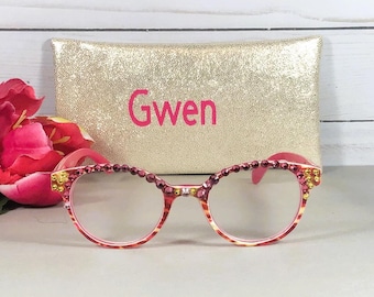 Rose Gold Swarovski Crystal Reading Glasses. Personalized Case w/Name. +1.00 strength