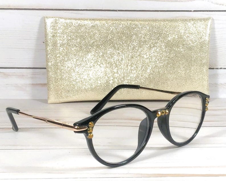 Round Readers with Gold Swarovski Crystals, +1.25 Strength, Personalized Glitter Cases. image 2