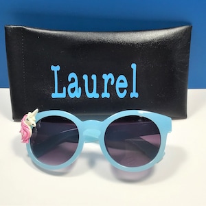 Personalized Unicorn Sunglasses: Engraved Kids Birthday Party Gift Blue