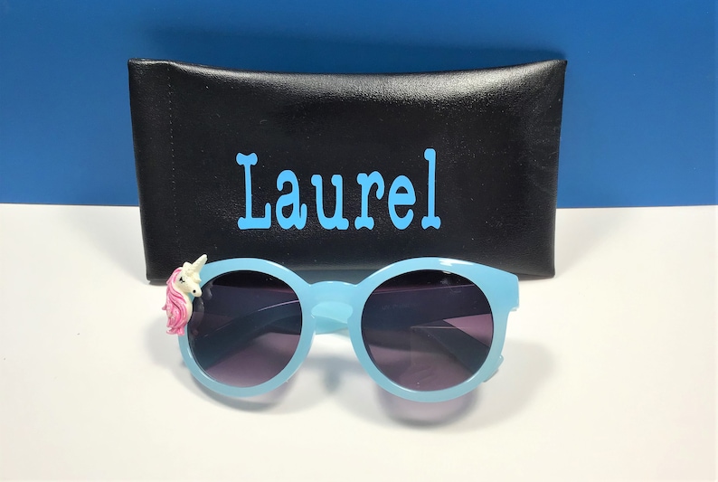 Personalized Unicorn Sunglasses: Engraved Kids Birthday Party Gift Blue
