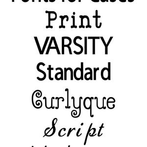 Pu&ograve; includere: Un elenco di diversi stili di font per custodie, tra cui Print, Varsity, Standard, Curlyque, Script e Vintage.
