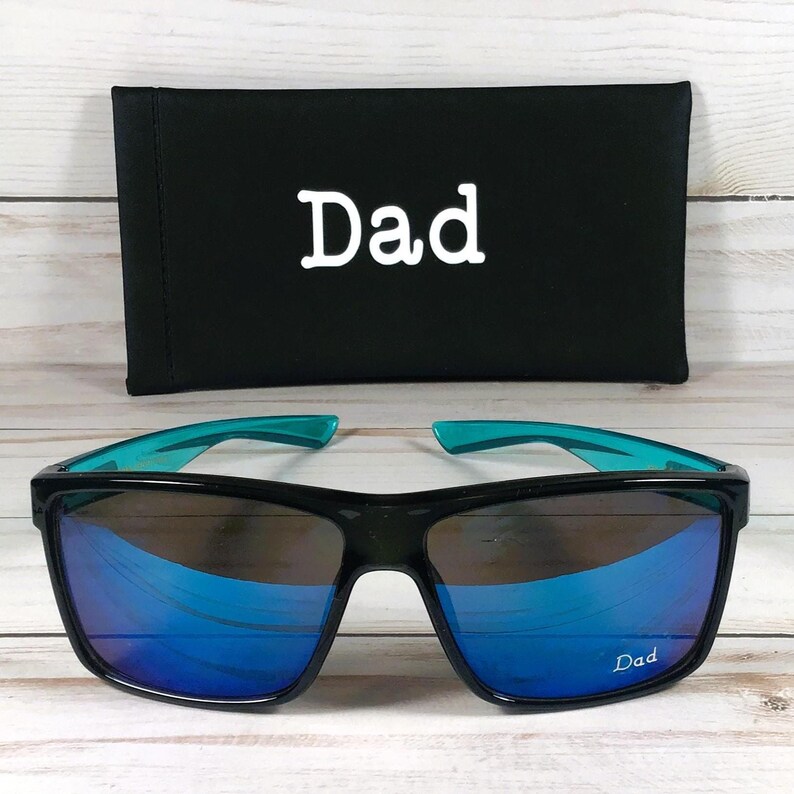 Engraved Name Sunglasses w/Biohazard Brand. For Sports, driving, gift. Unisex. Teal arm