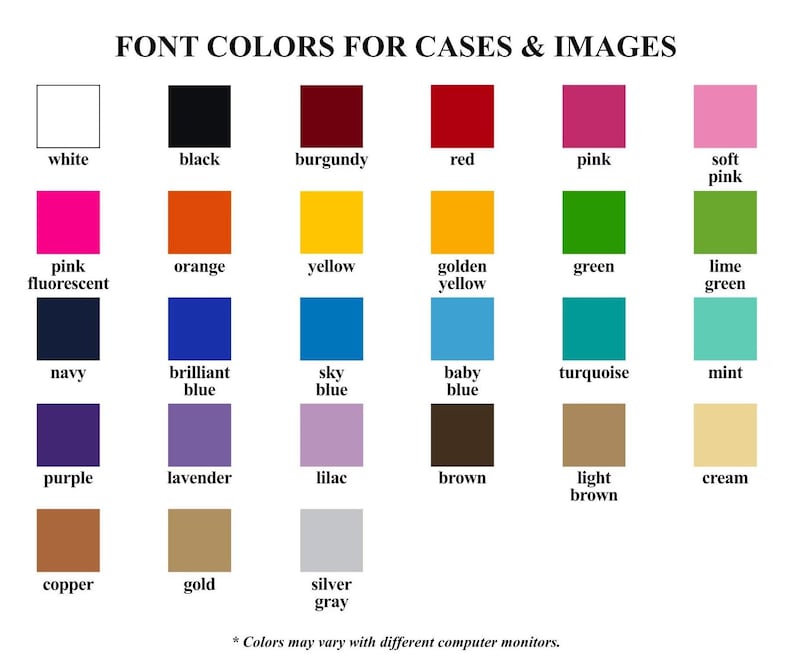 Peut inclure: Un nuancier intitul&eacute; "FONT COLORS FOR CASES & IMAGES" pr&eacute;sente une grille d'&eacute;chantillons de couleurs. Les couleurs incluent le blanc, le noir, le bordeaux, le rouge, le rose, l'orange, le jaune, le vert, le marine, le bleu, le violet, le lavande, le marron, le cuivre, l'or et le gris argent&eacute;.