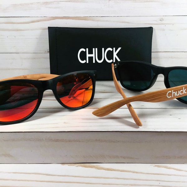 PERSONALIZED BAMBOO SUNGLASSES.  Mirror lens. For sporting event, driving, concert, festival. Personalized cases.