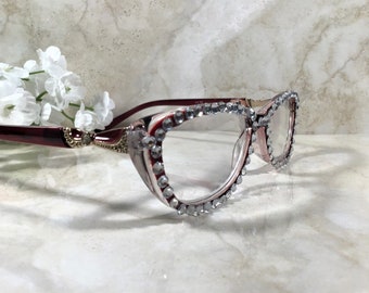 BRILLIANT CLEAR CRYSTALS. Beautiful dark red frame with gold accents on arms. For special event, wedding, festival, Vegas. Free case. +1.75
