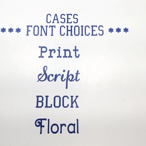 May include: A white background with blue text that reads "CASES *** FONT CHOICES *** Print Script BLOCK Floral".