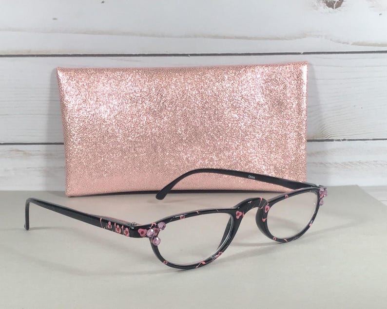 Half Moon Reading Glasses with Flower Print and Crystals (1.25 Strength) Black/Pink Flowers