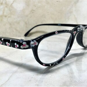 Half Moon Reading Glasses with Flower Print and Crystals (1.25 Strength) Black/White flowers