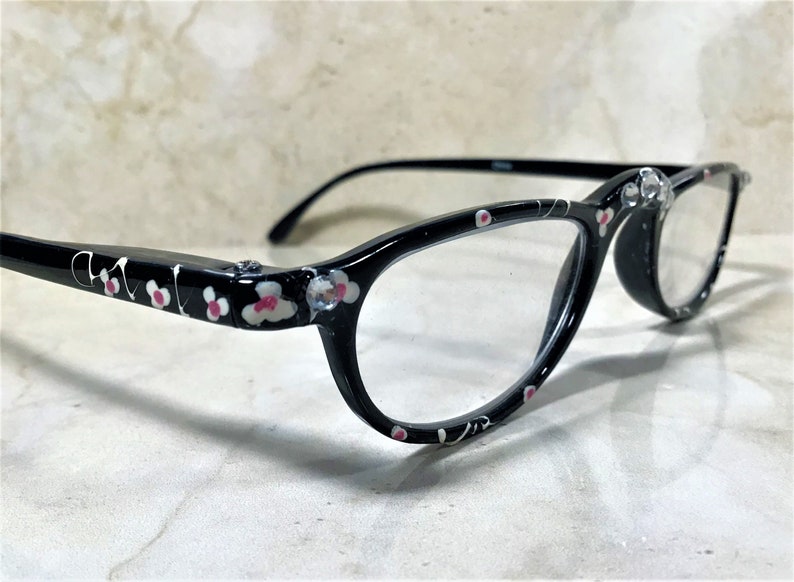 Half Moon Reading Glasses with Flower Print and Crystals (1.25 Strength) Black/White flowers