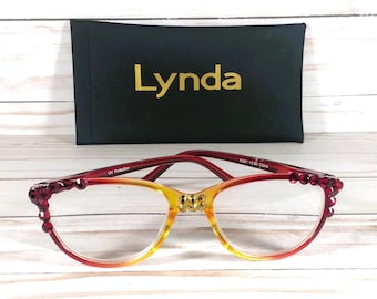 FABULOUS READERS Enhanced with Red and Gold Genuine Swarovski Crystals. Personalized Faux Leather Case with a Name Free+3.00