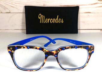 FANTASTIC READERS! Blue and Gold Crystals enhance the Camo print frame. Free Personalized case! +3.00