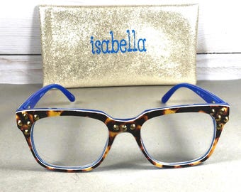 Gold/Brown Animal print pattern with Genuine Swarovski Crystals. Personalized case available. +1.00 strength