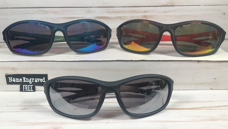 Personalized Sports Sunglasses: Engraved Name, UV Protection, Microfiber Pouch Blk/Mirror lens