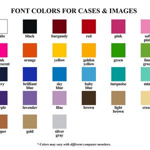 Puede incluir: Un gr&aacute;fico que muestra 24 cuadrados de diferentes colores con el nombre de cada color escrito debajo. Los colores incluyen blanco, negro, burdeos, rojo, rosa, rosa suave, rosa fluorescente, naranja, amarillo, amarillo dorado, verde, verde lima, azul marino, azul brillante, azul cielo, azul beb&eacute;, turquesa, menta, morado, lavanda, lila, marr&oacute;n, marr&oacute;n claro, crema, cobre, oro, gris plateado. El texto en la parte superior del gr&aacute;fico dice "FONT COLORS FOR CASES & IMAGES". El texto en la parte inferior del gr&aacute;fico dice "* Los colores pueden variar seg&uacute;n los monitores."