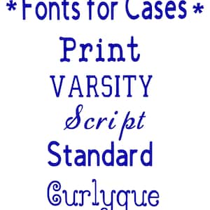 May include: A blue graphic with the text "*Fonts for Cases*" and the words "Print", "VARSITY", "Script", "Standard", and "Curlyque" in different fonts.
