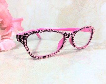 FABULOUS PINK CRYSTALS surround the Black and Pink Frame. Exceptional quality. For a gift or birthday. Free Faux Leather Case w/Name. +1.50