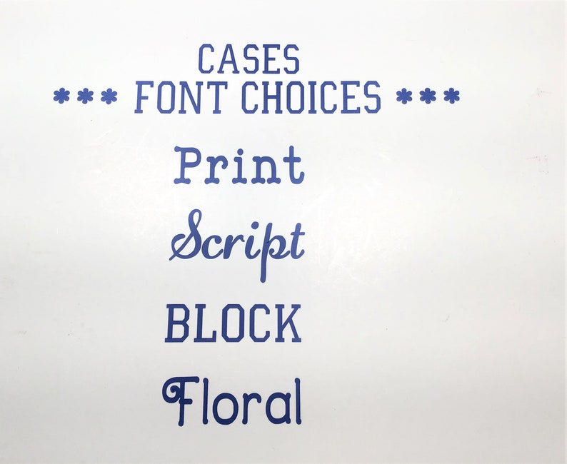 May include: A white background with blue text displaying "CASES FONT CHOICES". Below, the words "Print", "Script", "BLOCK", and "Floral" are shown in various font styles.