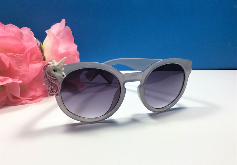 Personalized Unicorn Sunglasses: Engraved Kids Birthday Party Gift Grey