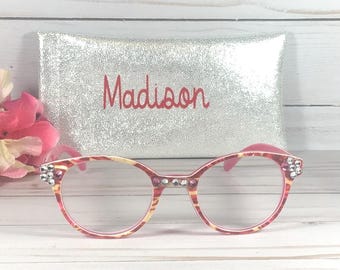 Swarovski Crystal Embellished Reading Glasses, +1.00. Personalized Case with a Name.