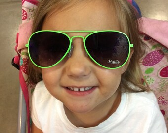 Personalized Kids Aviator Sunglasses, Neon Frames, Free Engraving