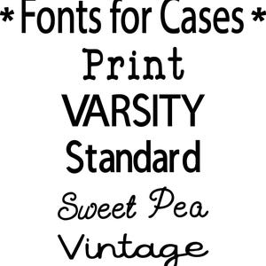 Op de afbeelding: Zwarte tekst op een witte achtergrond toont de zin "Fonts for Cases" en de woorden "Print", "VARSITY", "Standard", "Sweet Pea" en "Vintage" in verschillende lettertypen. De tekst is gecentreerd.