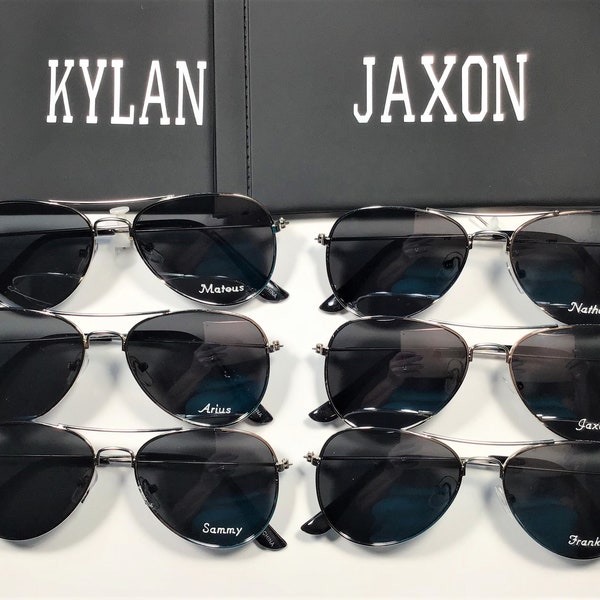 NAME ENGRAVED FREE on Kids Aviator Style sunglasses. Top rated sunglass for a child age 4 - 10. Customized cases available.