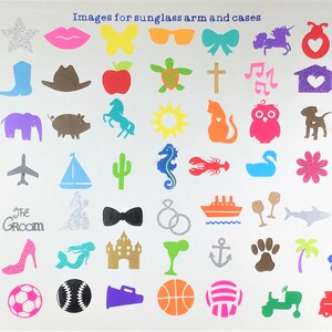 May include: A sheet of colorful stickers featuring various images, including animals, objects, and symbols. The stickers are designed for decorating sunglasses arms and cases. The text "Images for sunglass arm and cases" is printed at the top of the sheet.