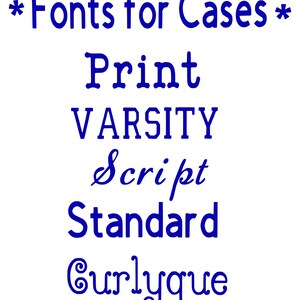 May include: A list of different font styles for cases, including Print, Varsity, Script, Standard, and Curlyque.