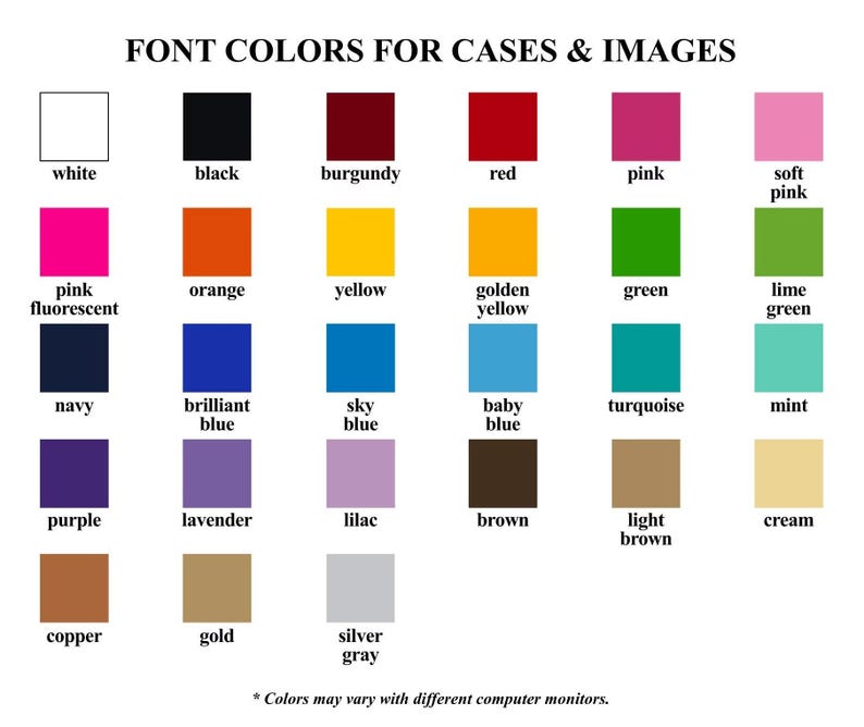 Op de afbeelding: Een kleurenkaart getiteld "FONT COLORS FOR CASES & IMAGES" toont een verscheidenheid aan kleurstalen. Kleuren zijn onder meer wit, zwart, bordeaux, rood, roze, oranje, geel, groen, marineblauw, blauw, paars, lavendel, bruin, koper, goud en zilvergrijs.