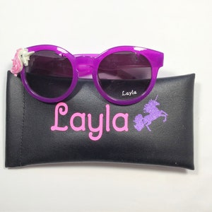 Personalized Unicorn Sunglasses: Engraved Kids Birthday Party Gift Purple