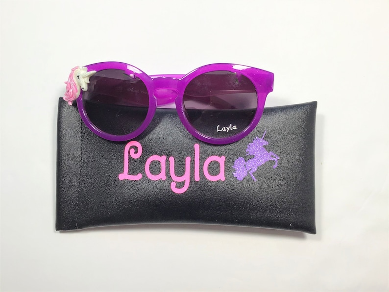 Personalized Unicorn Sunglasses: Engraved Kids Birthday Party Gift Purple