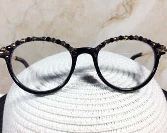BLACK and GOLD GENUINE Crystals enhance the beauty of this round Classic reading glass.  Work or play. Free Faux Leather Case w/Name. +2.25